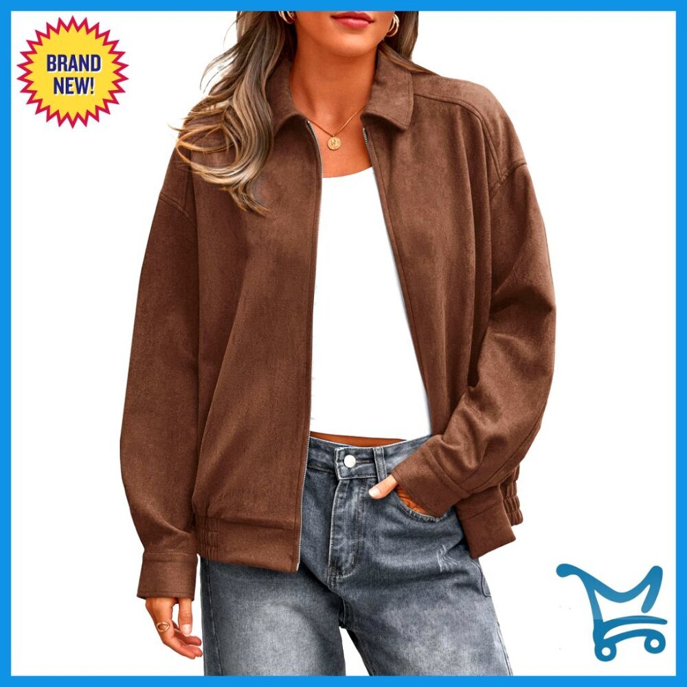 Faux Suede Bomber Jacket Women Oversized Zip Up Casual Winter Outerwear
